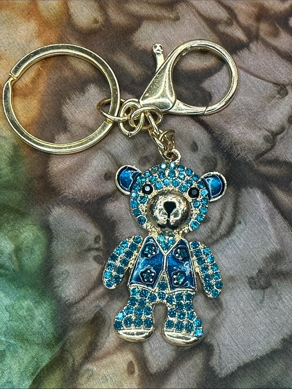 Gold-Tone Blue Crystal Teddy Bear Keychain for Kids